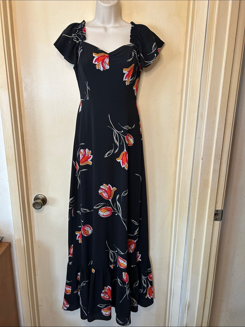 free press Black Floral Milkmaid Maxi Dress with Flutter Sleeves size XS